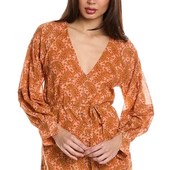 Joie 100% Silk Bree Mini Dress in Orange Caramel Multi Long Sleeve Self Belt - Picture 2 of 16